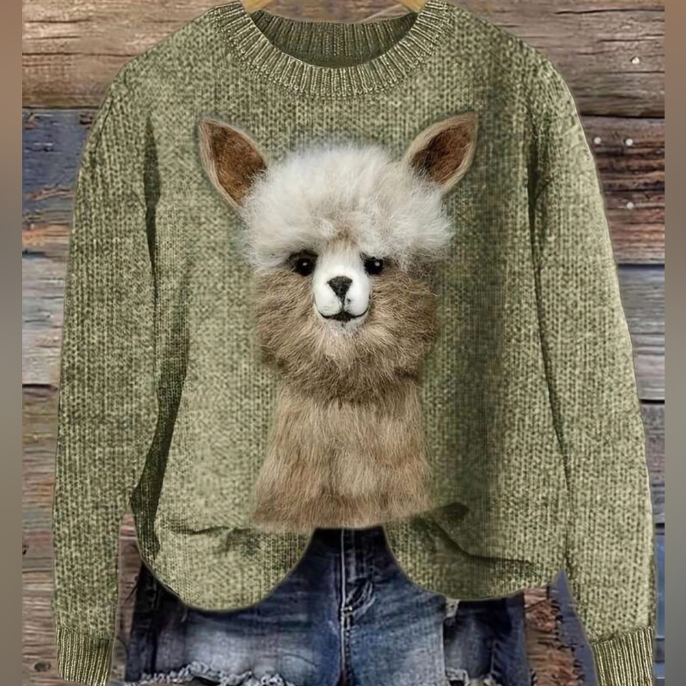 Alpaca sweater llama top shirt sweatshirt crew knit printed graphic wool S Farm